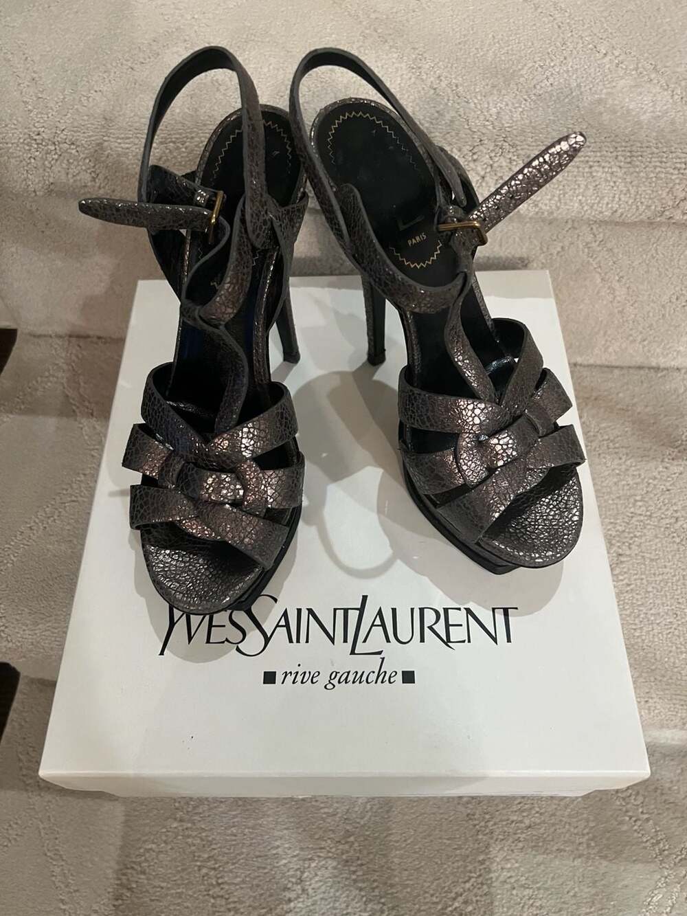 Saint Laurent YSL Metallic Tribute Platform Heels Sandals Gunmetal Grey 38 - NIB - Picture 5 of 6